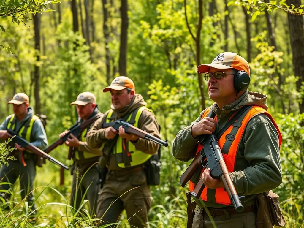 Hunters participating in a supervised hunting trip in a controlled environment, emphasizing safety and adherence to hunting regulations. The image should highlight the importance of responsible hunting and ethical conduct.