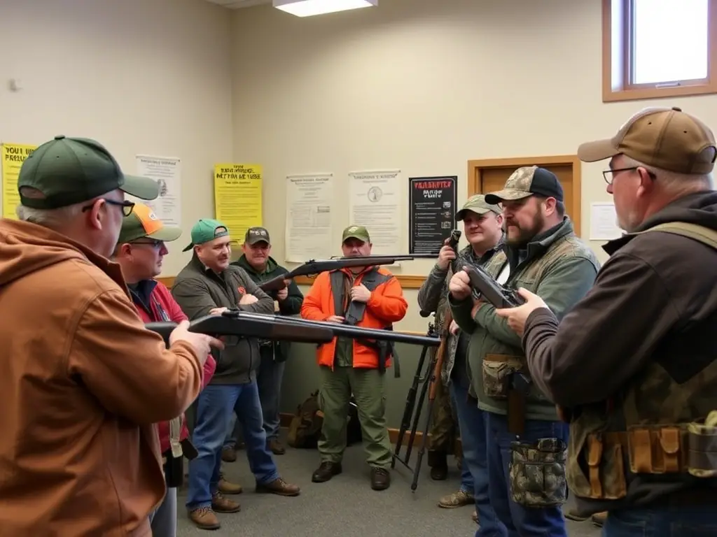 A photograph capturing a group of hunters in a safety training session, demonstrating the proper handling of equipment and adherence to safety protocols in a classroom setting.