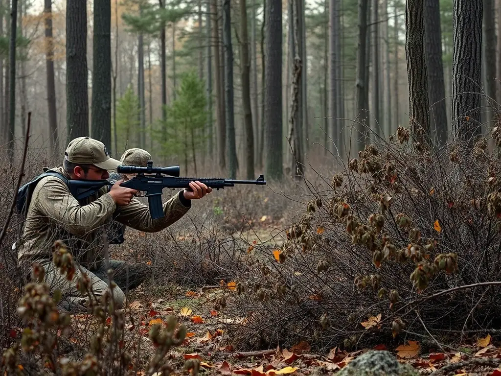 An inspiring image of hunters practicing responsible hunting techniques in a controlled environment, emphasizing safety, respect for wildlife, and adherence to ethical hunting standards.