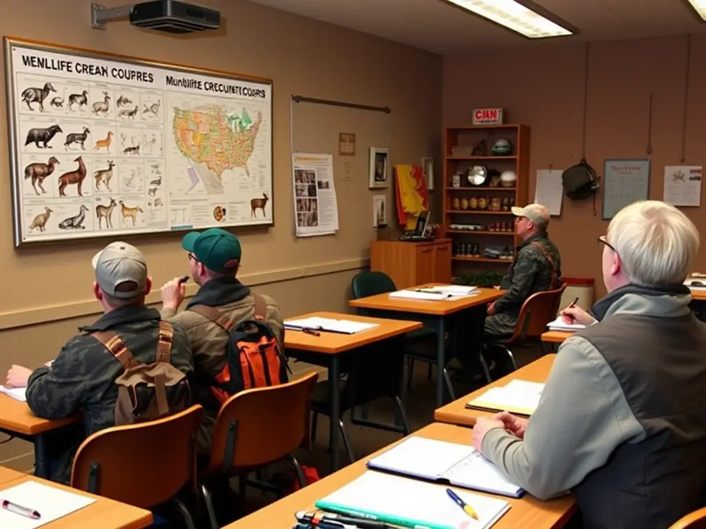 A classroom setting where experienced hunters are teaching new members about wildlife conservation and sustainable hunting techniques.