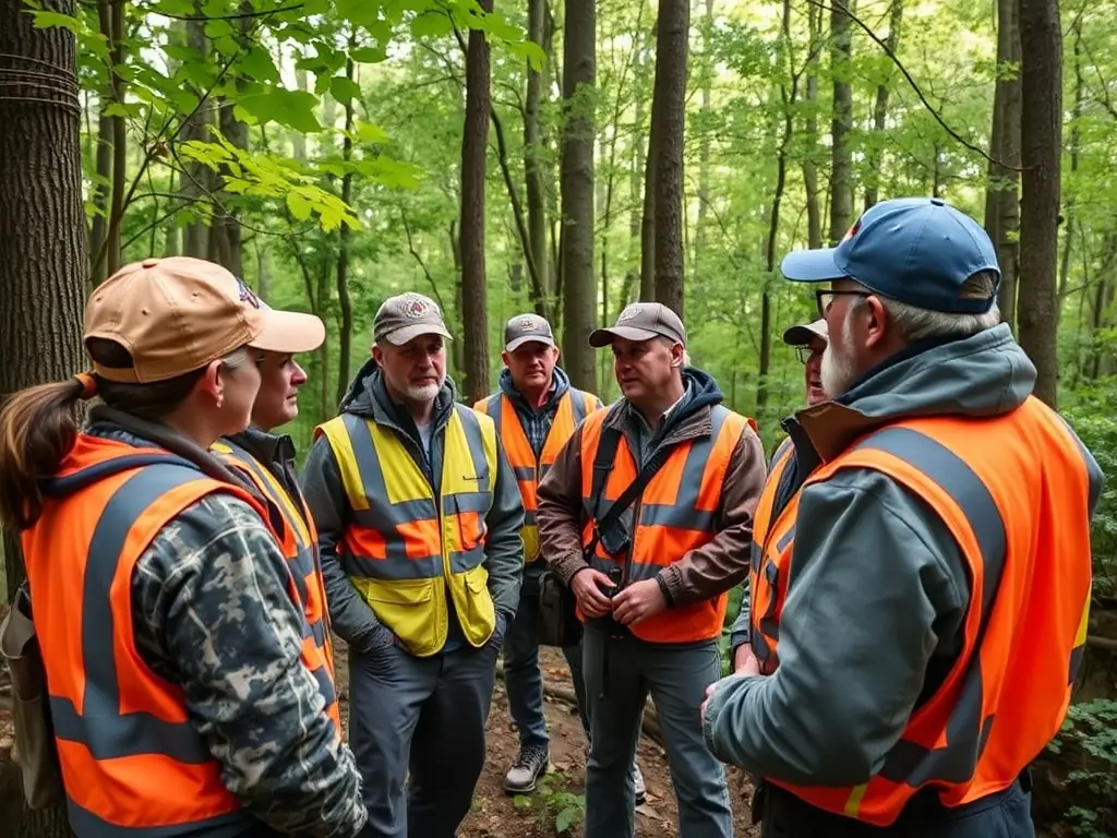 A group of hunters participating in a training session on sustainable hunting practices in a forest setting. The image should convey a sense of learning, collaboration, and respect for nature.