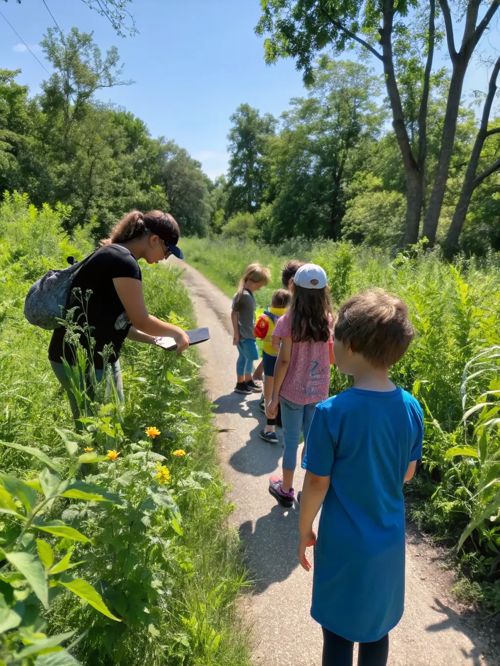 A photograph of children participating in a nature walk organized by the association, learning about local flora and fauna from a guide.