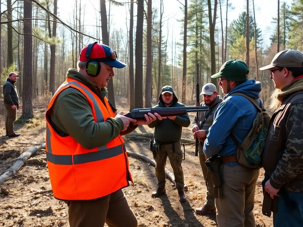 A vibrant photograph of local community members participating in a hunting safety and education workshop, learning about responsible hunting practices and wildlife management.