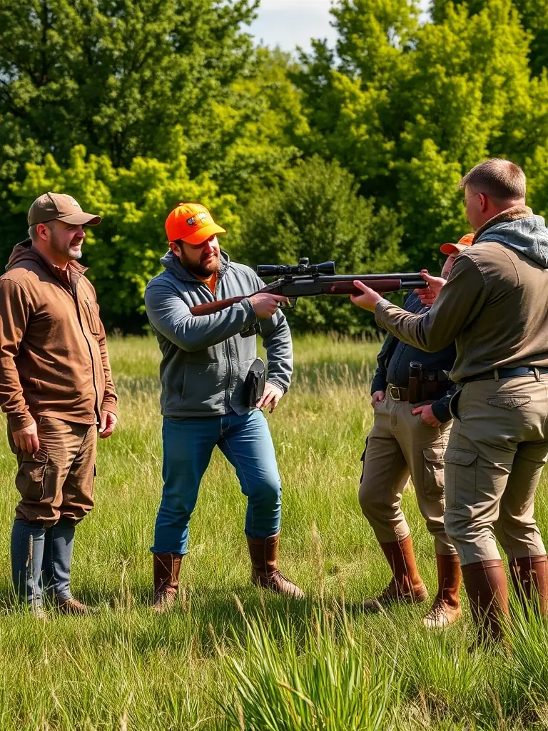 A group of local hunters participating in a safety training session outdoors, demonstrating proper firearm handling techniques, with an instructor providing guidance.