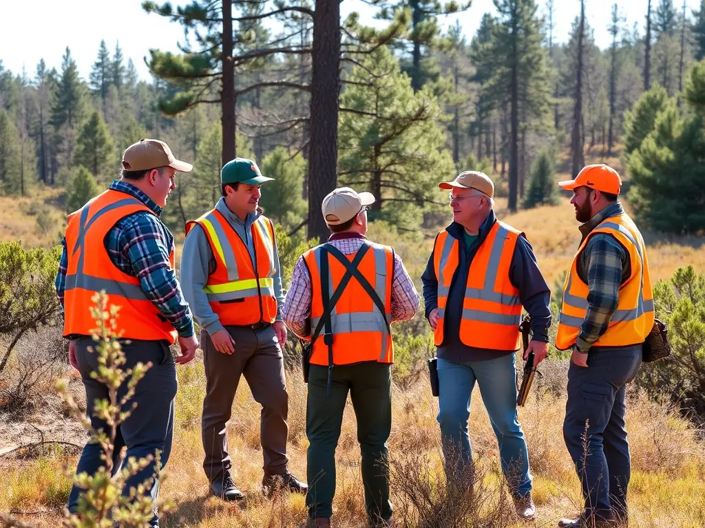A group of hunters participating in a supervised deer hunt in a local forest, emphasizing safety and ethical hunting practices.