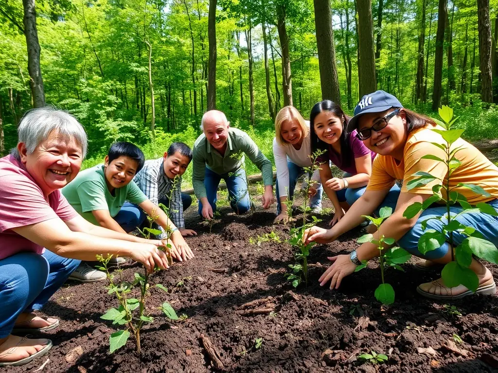 A serene image of a diverse group of community members participating in a wildlife conservation project, planting trees and setting up bird feeders in a local forest.
