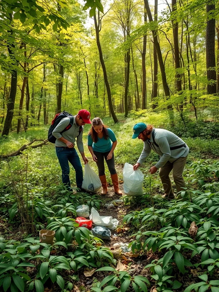 Volunteers from the association cleaning up a local forest area, collecting litter and debris to maintain the natural habitat.